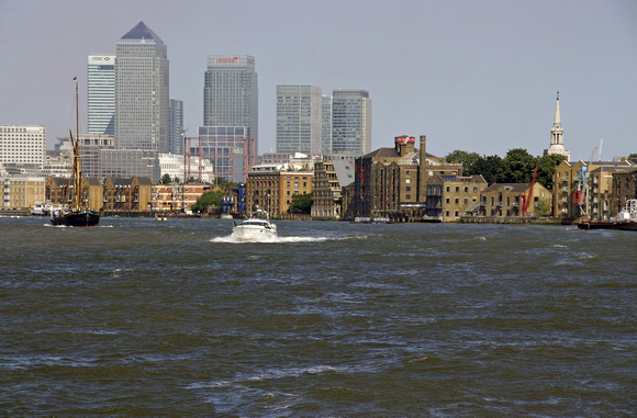 Travelling down the Thames River, approaching the Docklands