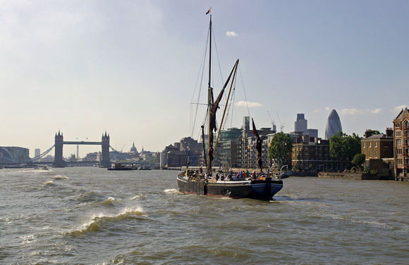 Travelling down the Thames River, view back towards Tower Bridge
