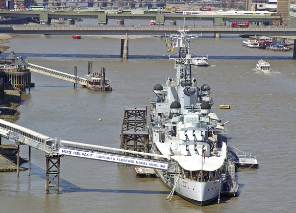 HMS Belfast, London's floating naval museum, view from Tower Bridge