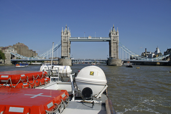 Travelling down the Thames River, approaching Tower Bridge